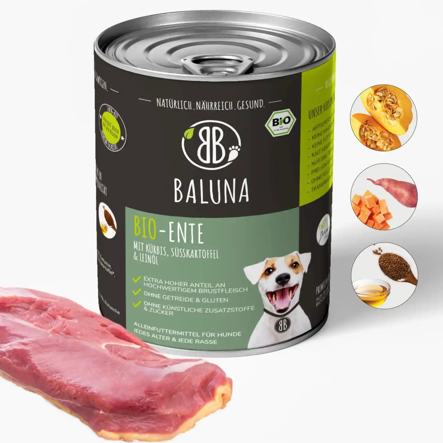 baluna-bio-ente-nassfutter-fuer-hunde-800g-mit-kuerbis-suesskartoffel-und-leinoel-ohne-getreide-und-zucker-aus-brustfleisch
