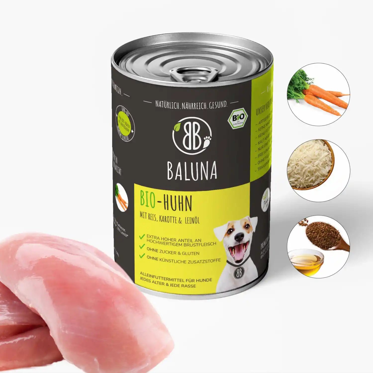 baluna-bio-huhn-nassfutter-fuer-hunde-400g-mit-reis-karotte-und-leinoel-ohne-zucker-und-gluten-aus-brustfleisch