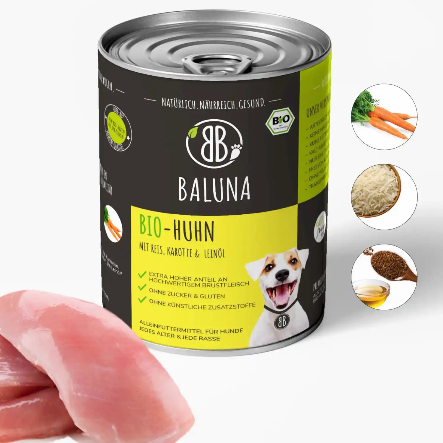 baluna-bio-huhn-nassfutter-fuer-hunde-800g-mit-reis-karotte-und-leinoel-ohne-zucker-und-gluten-aus-brustfleisch