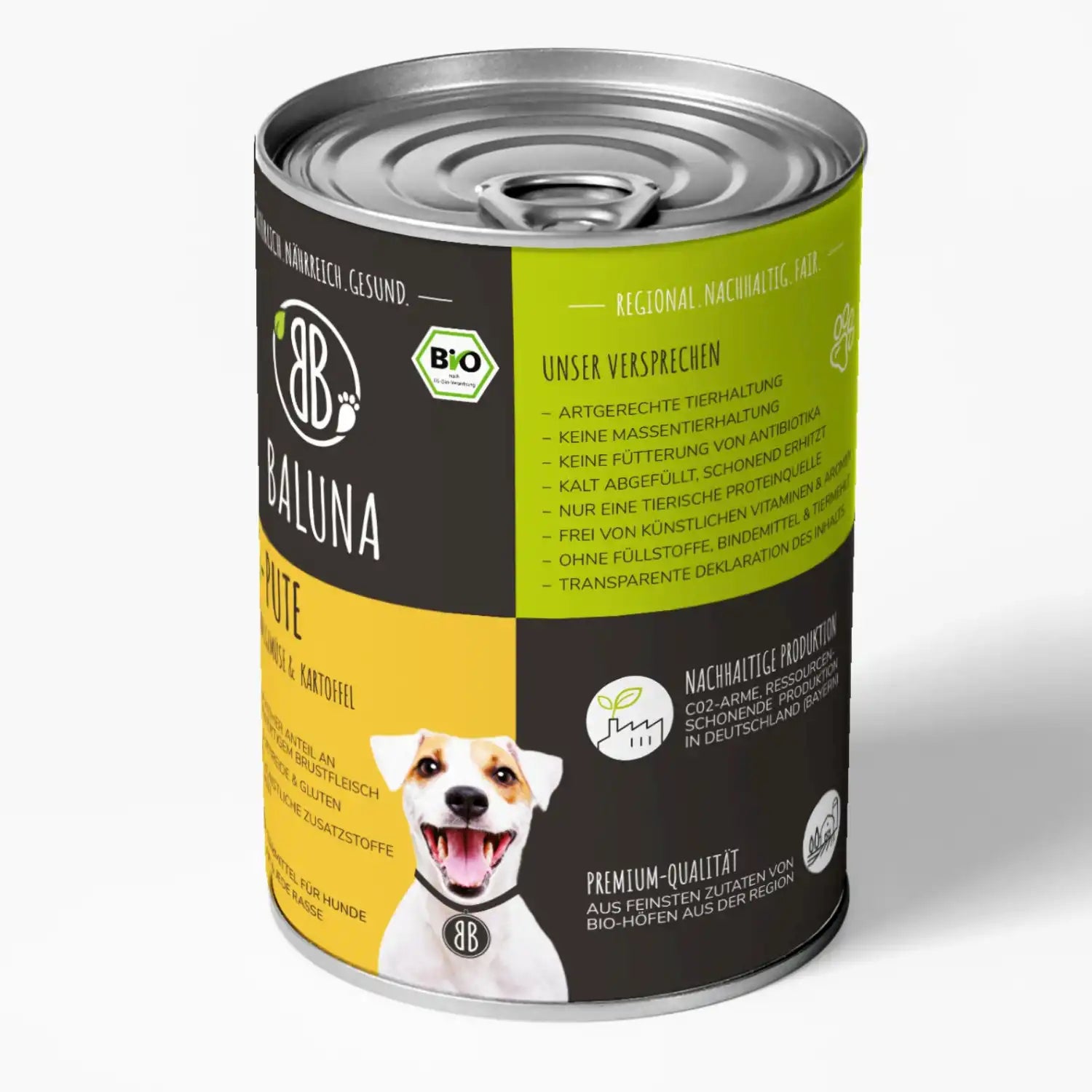baluna-bio-pute-nassfutter-fuer-hunde-400g-seitenansicht-mit-qualitaetsversprechen-und-nachhaltiger-produktion-aus-bio-hoefen