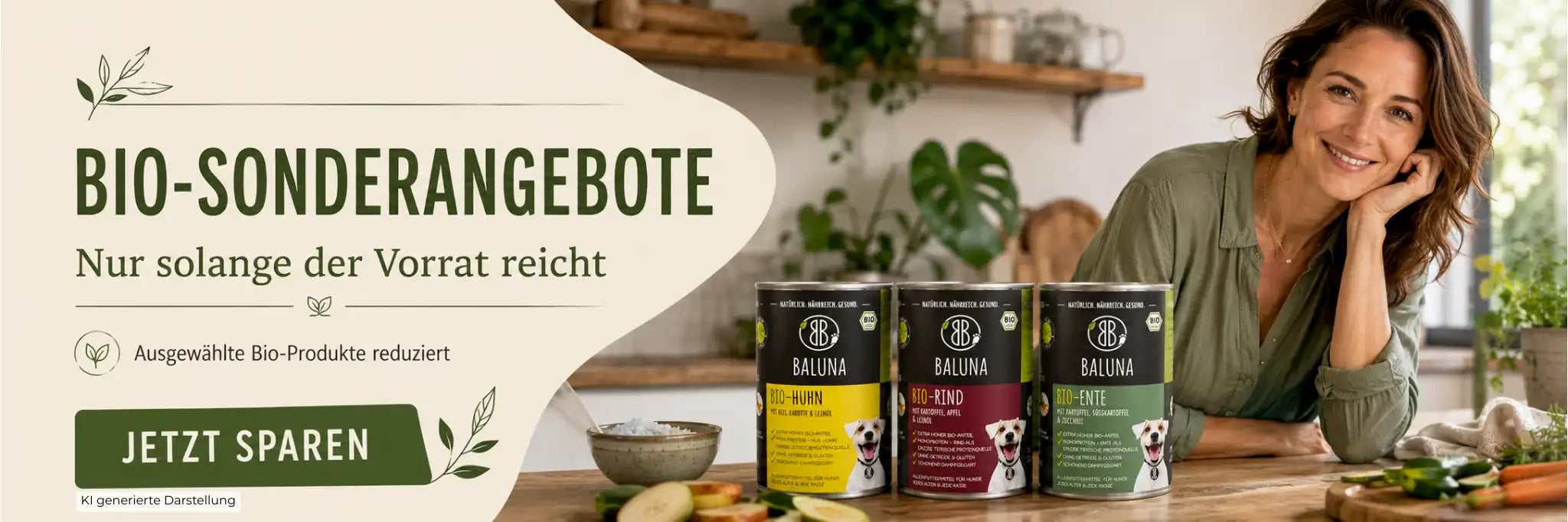 Baluna Bio-Hundefutter im Sonderangebot mit Bio-Huhn, Bio-Rind und Bio-Ente. KI-generierte Darstellung