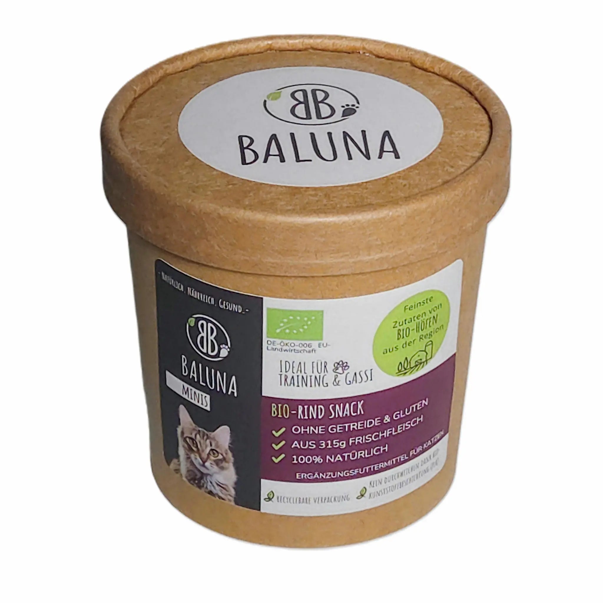 Baluna Bio-Rind Snack Minis für Katzen im umweltfreundlichen Becher – getreidefrei, 100 % natürlich, aus regionalem Bio-Rind