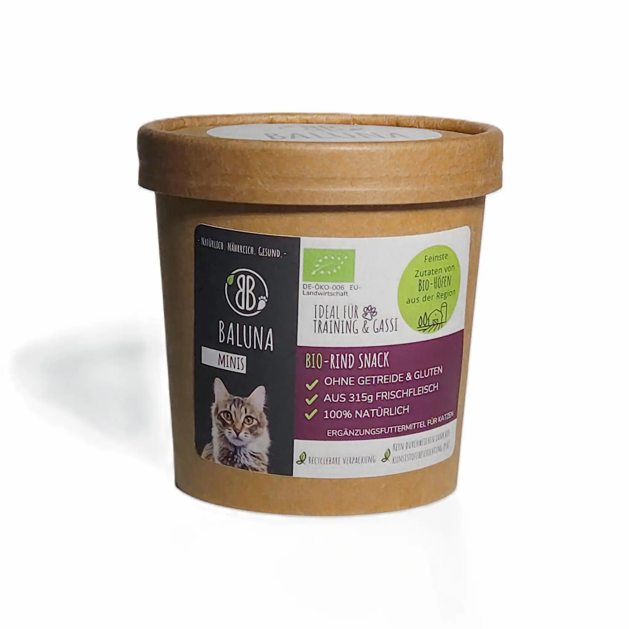 Baluna Bio-Rind Snack Minis für Katzen im nachhaltigen Becher – 100 % natürlich, getreidefrei und aus regionalem Bio-Rind