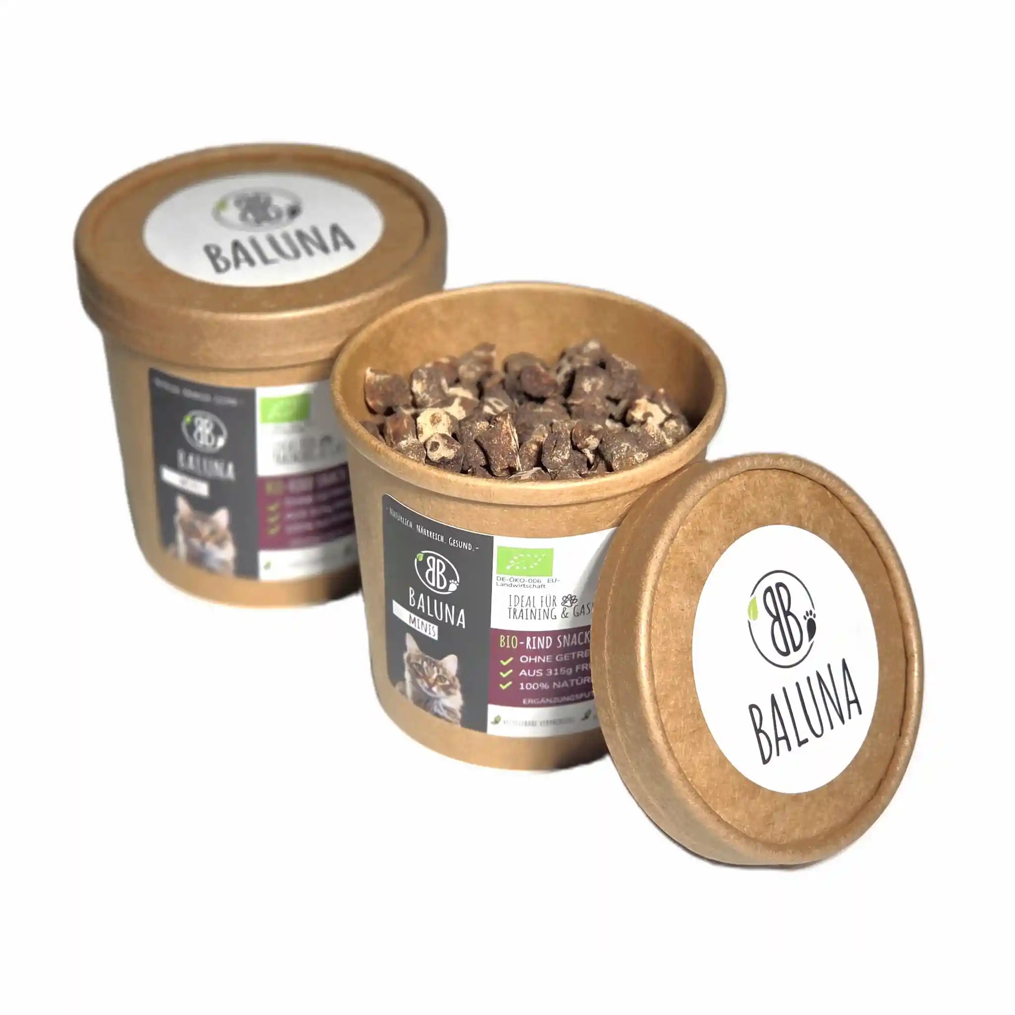 Baluna Bio-Rind Snack Minis für Katzen im Set – geöffneter und geschlossener Becher mit natürlichen, getreidefreien Bio-Leckerlis aus regionalem Rind