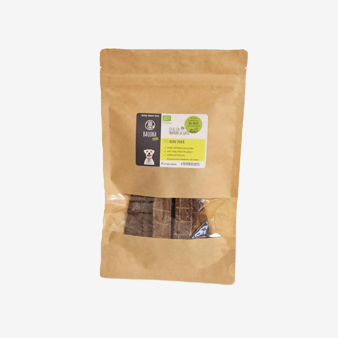 baluna-bio-huhn-snack-150g-nachhaltige-verpackung-getreidefreier-trainingssnack-mit-bio-huhn-und-natuerlichen-zutaten