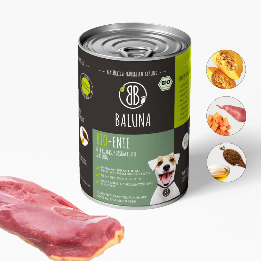 baluna-bio-ente-nassfutter-fuer-hunde-400g-mit-kuerbis-suesskartoffel-und-leinoel-ohne-getreide-und-zucker-aus-brustfleisch