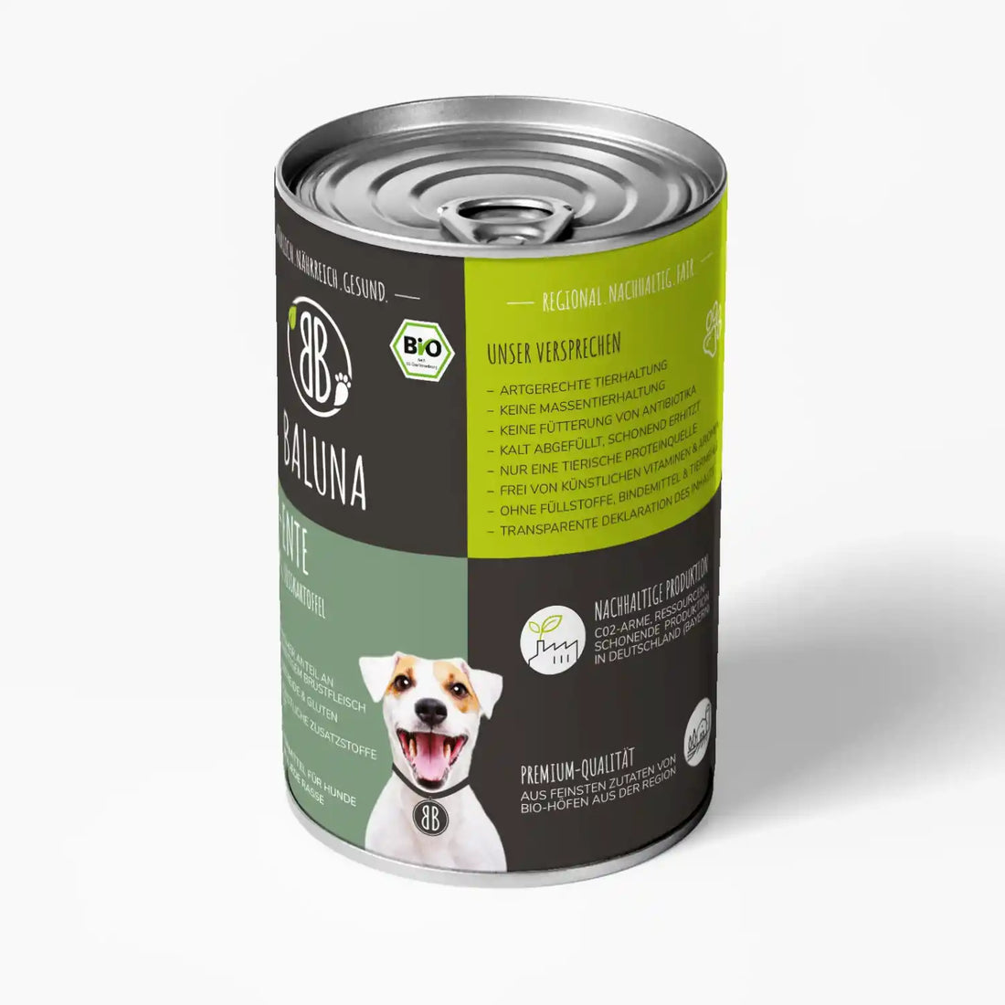 baluna-bio-ente-nassfutter-fuer-hunde-400g-seitenansicht-mit-qualitaetsversprechen-und-nachhaltiger-produktion-aus-bio-hoefen
