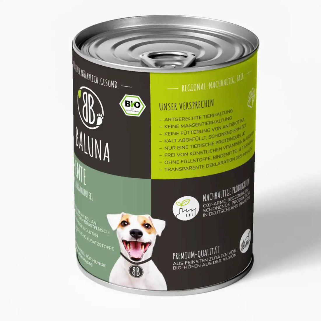 baluna-bio-ente-nassfutter-fuer-hunde-800g-seitenansicht-mit-qualitaetsversprechen-und-nachhaltiger-produktion-aus-bio-hoefen