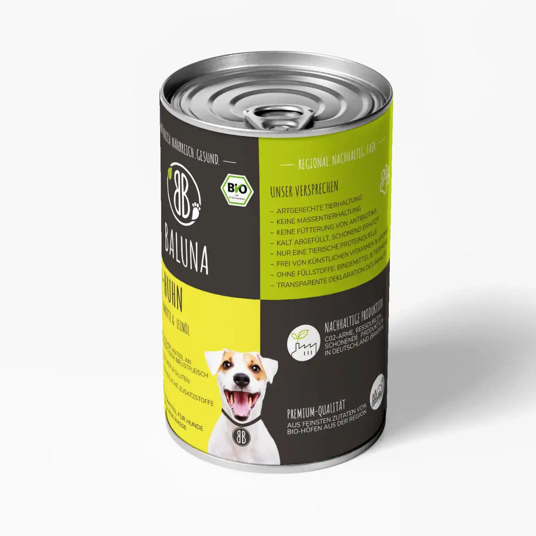 baluna-bio-huhn-nassfutter-fuer-hunde-400g-seitenansicht-mit-qualitaetsversprechen-und-nachhaltiger-produktion-aus-bio-hoefen
