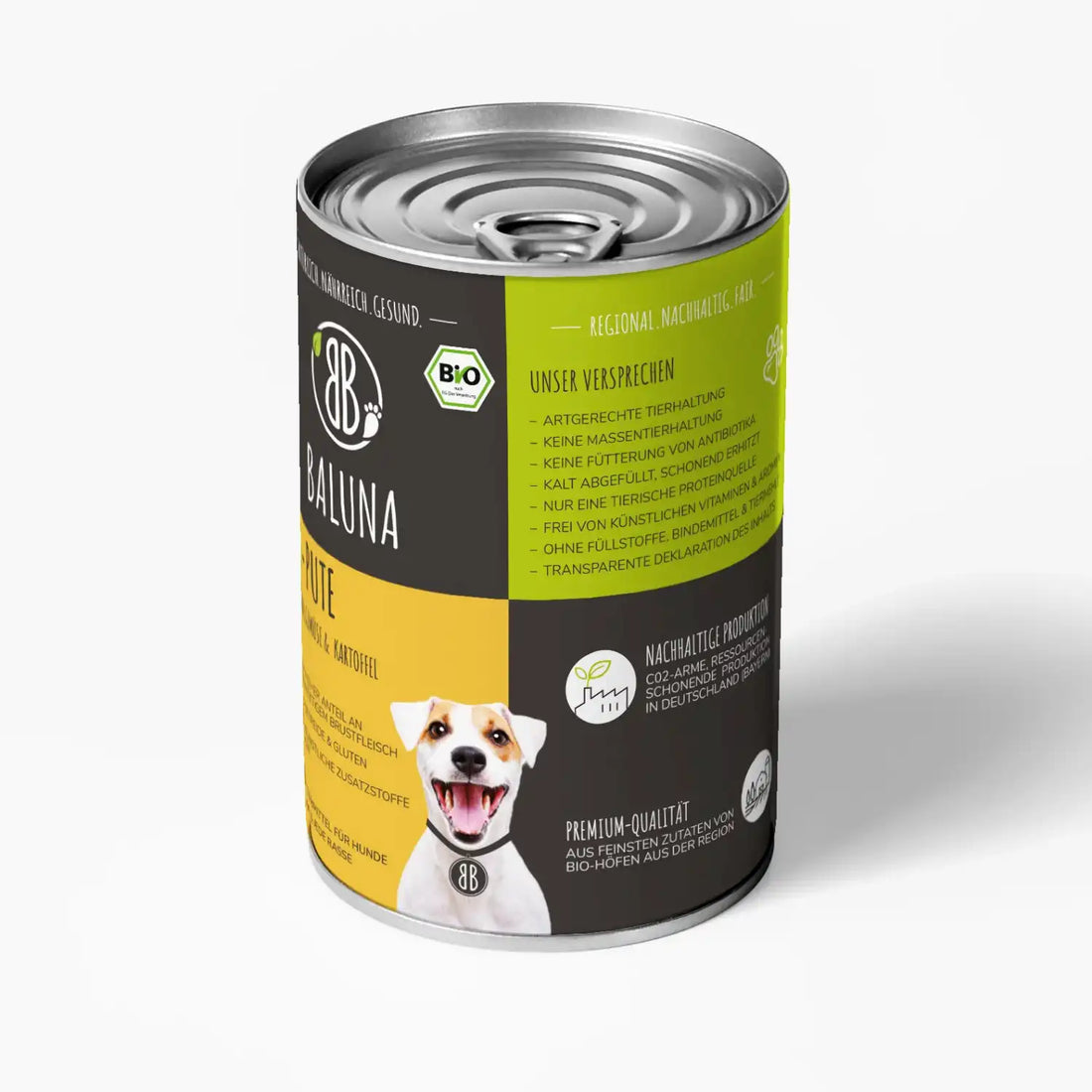 baluna-bio-pute-nassfutter-fuer-hunde-400g-seitenansicht-mit-qualitaetsversprechen-und-nachhaltiger-produktion-aus-bio-hoefen