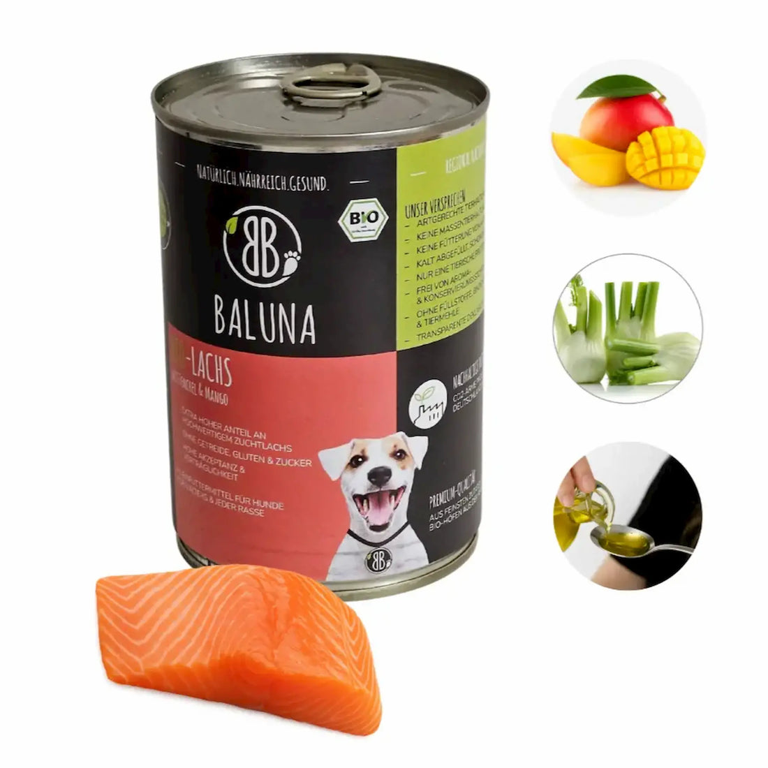 baluna-bio-lachs-nassfutter-fuer-hunde-400g-mit-zuchtlachs-fenchel-mango-und-oel-ohne-getreide-und-zucker