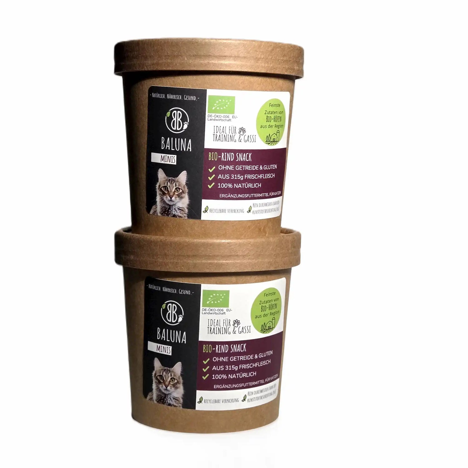 Zwei Becher Baluna Bio-Rind Snack Minis für Katzen – getreidefreie, natürliche Bio-Leckerlis aus regionalem Rind im Doppelpack