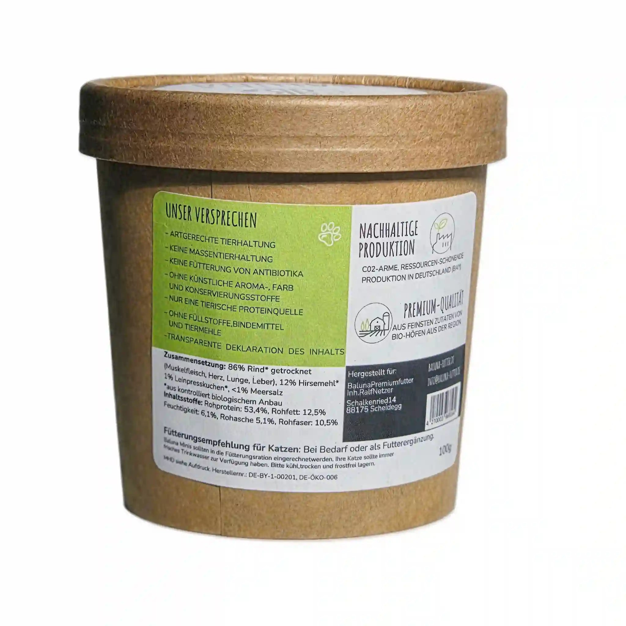 Rückseite der Baluna Bio-Rind Snack Minis für Katzen mit Zutatenliste, Fütterungsempfehlung und nachhaltiger Produktion in Bayern