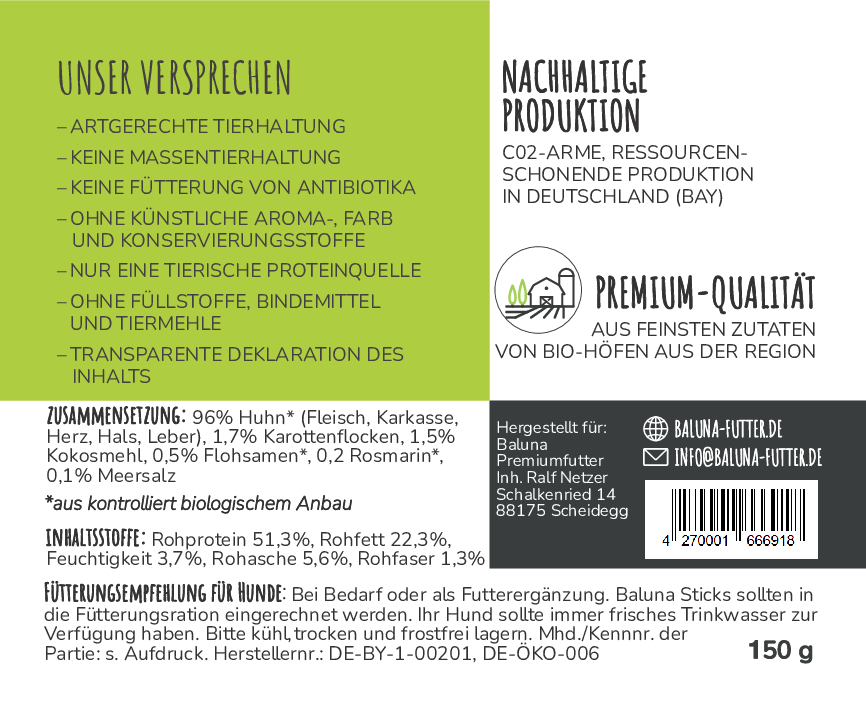 etikett-baluna-bio-huhn-hundesnack-150g-zusammensetzung-inhaltsstoffe-nachhaltige-produktion-regionaler-bio-anbau