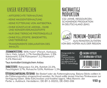 etikett-baluna-bio-huhn-hundesnack-150g-zusammensetzung-inhaltsstoffe-nachhaltige-produktion-regionaler-bio-anbau